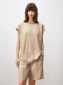 Manfinity VCAY Men's Knitted Loose Casual Raglan Sleeve Round Neck T-Shirt And High Waist Slim Shorts Set, Suitable For Summer - Khaki - View 2