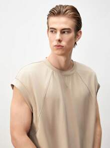 Manfinity VCAY Men's Knitted Loose Casual Raglan Sleeve Round Neck T-Shirt And High Waist Slim Shorts Set, Suitable For Summer - Khaki - View 4