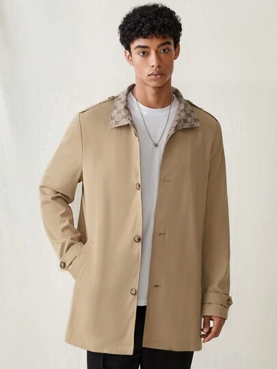 Manfinity VCAY Men's Fashionable Daily Casual Loose Fit Long Sleeve Trench Coat With Woven Patchwork Design, For Fall Winter