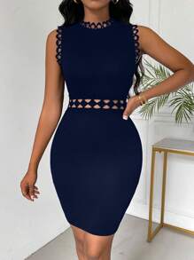 SHEIN Clasi 女性夏季優雅純色修身無袖連衣裙，中空設計 - 寶藍色 - 查看 6