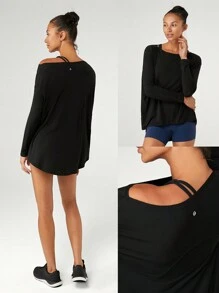 GLOWMODE SoftSerene-TENCEL™ Reset Restore Off-Shoulder Long Sleeve Tee With Thumbhole Daily Lounge - Black - View 8