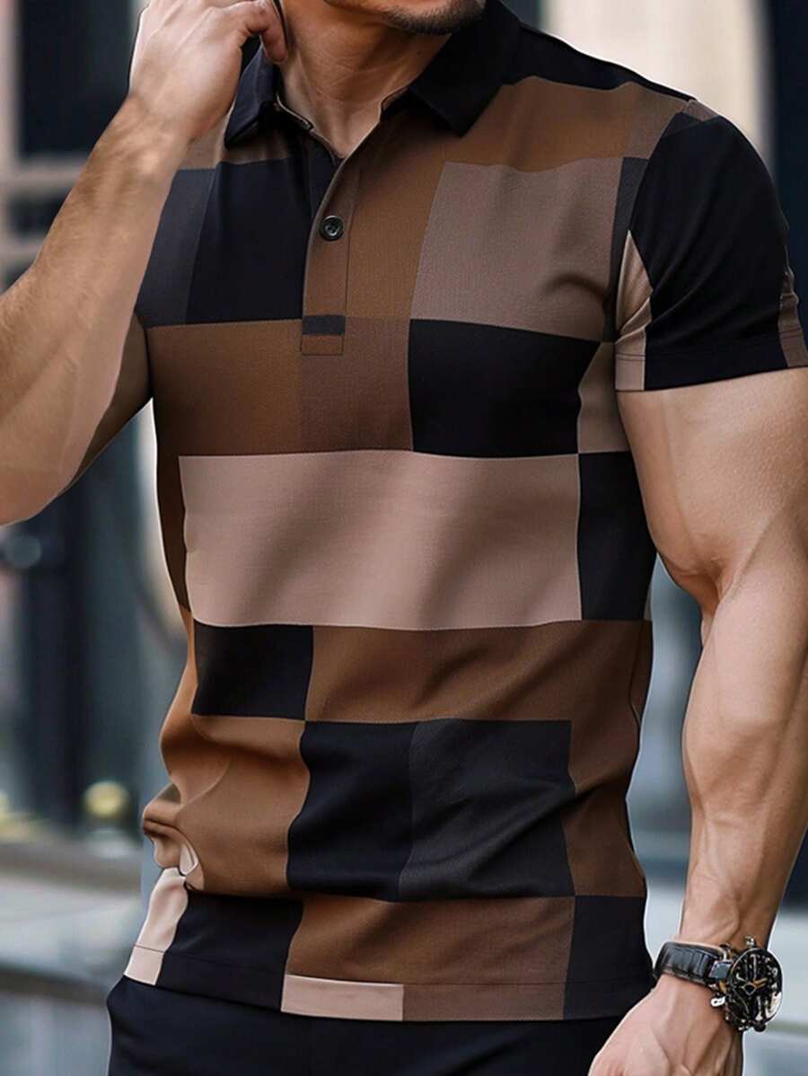 Manfinity Mode 男士休闲假日棕色几何印花 Polo 衫，领口纽扣夏季 Polo 衫，适合丈夫，适合外出 - 彩色 - 查看 1