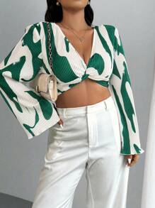 Celure Blusa corta de talla grande con estampado gráfico y detalle de nudo en la parte delantera