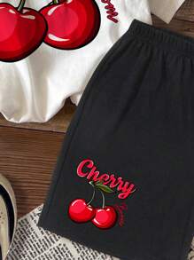 SHEIN Conjunto de 2 piezas de top de manga corta con estampado de cerezas y shorts estilo casual y lindo para niñas jóvenes, de mezcla de algodón, para el verano