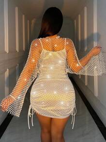 VaVaBold SHEIN SXY Rhinestone Party Mesh Diamond Shining Brilliant Date Romantic Banquet Side Flounce Sleeve Dress