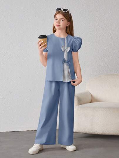 Tween Girl Loose Fit Plaid Patchwork Bubble Short Sleeve Shirt And Pants Casual Two-Piece Set