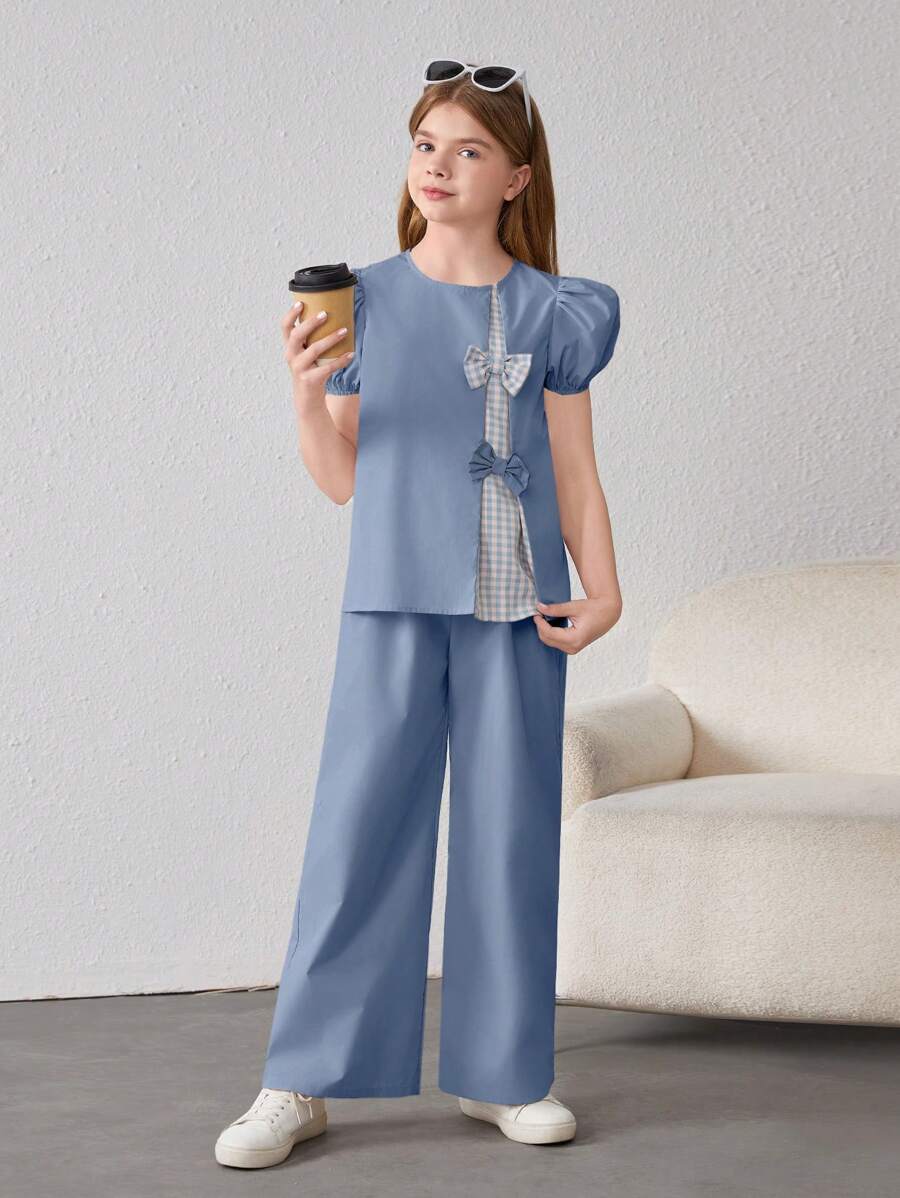 Tween Girl Loose Fit Plaid Patchwork Bubble Short Sleeve Shirt And Pants Casual Two-Piece Set