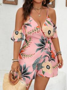 SHEIN Clasi Plus Size Hở vai in hoa phong cách nghỉ lễ Cami Jumpsuit - Hồng - Xem 4