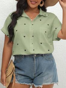 SHEIN VCAY 加心印花蝙蝠袖夏季襯衫 - 綠色 - 查看 3