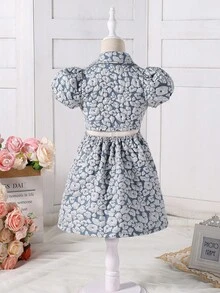 SHEIN Váy ngắn tay in hoa cho cô gái trẻ - Màu xanh lam - Xem 2