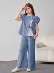 Tween Girl Loose Fit Plaid Patchwork Bubble Short Sleeve Shirt And Pants Casual Two-Piece Set