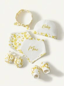 6pcs Newborn Baby Gift Set, Including Cotton Bib, Hat, Hair Accessories