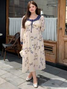 Dazy Petite Plus Plus Size Women's Round Neck Long Sleeve Lace Spliced Butterfly Allover Print Dress, Casual & Vacation,Ruffle,Fall Dress - Multicolor - View 7
