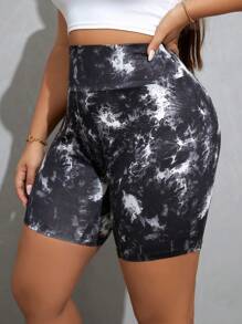 SHEIN Essnce Plus Size Women's Summer And Autumn New Fashion Casual Back To School Clothes Commuting Sports Jogging Tie-Dye Smudge-Dye 3-Piece High-Waisted   Sweatpants  Joggers Leggings Shorts - Multicolor - View 6