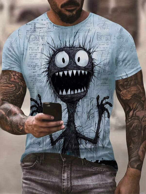 Tricou casual pentru bărbați cu mânecă scurtă, cu imprimeu desenat, cu gât rotund, potrivit pentru navetă vara