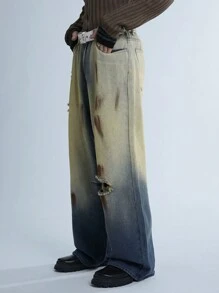 Manfinity Denimwave Y2K Retro Street Style Men's Baggy Jeans In Deep Blue Washed And Distressed Look, Urban Wasteland Style - Dark Wash - View 6