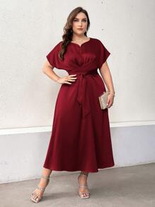 Modelyn Vestido largo de noche con cuello en pico, mangas tipo murciélago y cinturón, color rojo burdeos