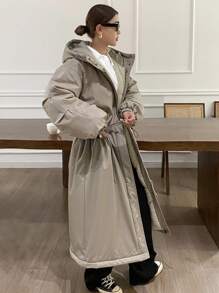 Livesso 女士休闲纯色抽绳连帽保暖加厚羽绒服，冬季，女士冬季服装，女士冬季外套，秋季服装，抓绒内衬 - 卡其色 - 查看 8