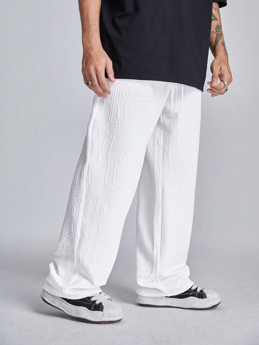 Manfinity VCAY Men's Solid Color Drawstring Embroidered English Logo Straight Leg Sweatpants - White - View 1