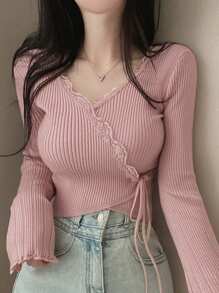 DAZY 女式 V 领系带腰部修身喇叭袖毛衣、秋装、返校服 - 粉色 - 查看 4