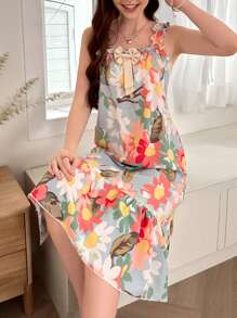 Dream Adore Vestido holgado de pijama con estampado floral, decoración de moño, volantes en los tirantes y detalle de moño para mujeres, para vacaciones