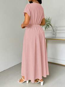 Chiquease Solid Batwing Sleeve Waist-Cinching A-Line Dress - Pink - View 2