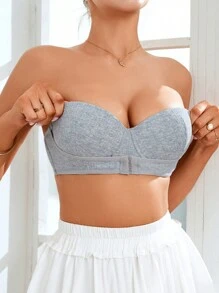 SHEIN 女士纹理面料聚拢灰色棉质无肩带文胸，日常穿着 - 淺灰色 - 查看 3