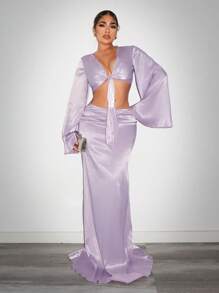 SHEIN SXY Ensemble Robe Invitée de Mariage Femme Chemise à Manches Longues en Satin Nouée et Jupe Longue Élégante