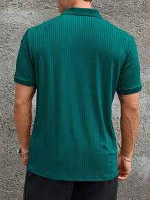 JOLTRO Men's Solid Color Fine Ribbed Polo Shirt, Old Money Style - Dark Green - View 2