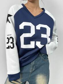 StreetHx V-Neck Color Block Contrast Print Casual Sweatshirt With Raglan Sleeve Design Pullover Fall Outfit