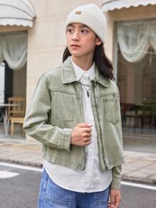 SHEIN Solid Color Denim Casual Washed Jacket With Pockets For Tween Boys - Green - View 4