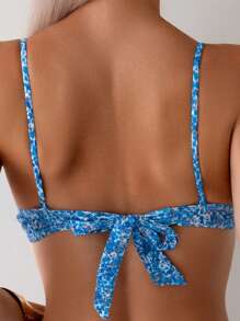 女士印花度假两件套比基尼套装（上衣和下装），随机印花夏日海滩