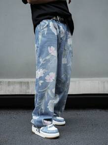 Manfinity EMRG Floral Printed Casual Jeans With Pockets Graphic Wide Jeans Long Baggy Floral Light Blue Washed Cargo Jeans, For Husband, Boyfriend Gifts Going Out Hang Out Vacation Street Urban
