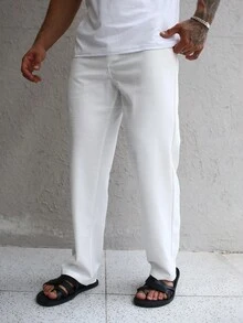 Manfinity Homme Men's Summer Casual Simple And Linen Textured Vacation And Daily Versatile White Pants, Going Out Plain Long Tapered Slacks Pants, For Husband, Boyfriend Gifts, For Fall Baggy Couple - White - View 1