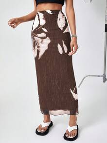 SHEIN Essnce 網眼印花時尚渡假裙 - 棕色 - 查看 6