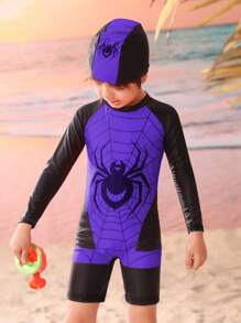 Young Boy Spider Printed Color Blocking Round Neck One Piece Swimsuit With Swimming Cap - Multicolor - View 4