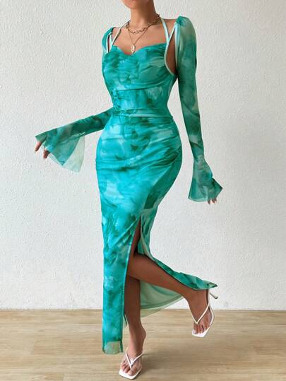 Chiquease 女士無袖開衫連衣裙，配有分裂和飄逸袖子