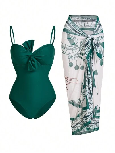 Swim Oasis 女士细肩带露背上衣搭配蝴蝶结和扎染印花百褶裙夏季