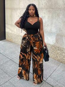 Slaydiva Ensemble 2 Pièces Pour Femmes, Haut Caraco Noir Décontracté À Haute Élasticité Et Pantalon Ample Imprimé À Jambes Larges - Z