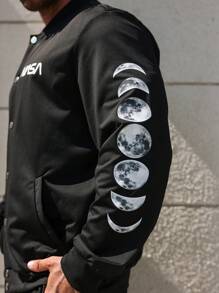 Manfinity Homme Conjunto casual de chaqueta de manga larga con botones y estampado de letras en la parte delantera, y pantalones con cordón y bolsillos para hombre de talla grande, Conjunto de 2 piezas negro para hombre, Conjunto de 2 piezas de sudadera para hombre, Ropa de otoño