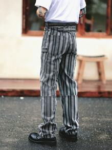 Manfinity Homme American Style Vintage Men's Black Pinstripe Denim Workwear Straight Jeans