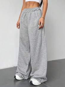 SHEIN Unity Knitted Women's Solid Color Simple Daily Wide-Leg Grey Baggy Sweatpants - Grey - View 1