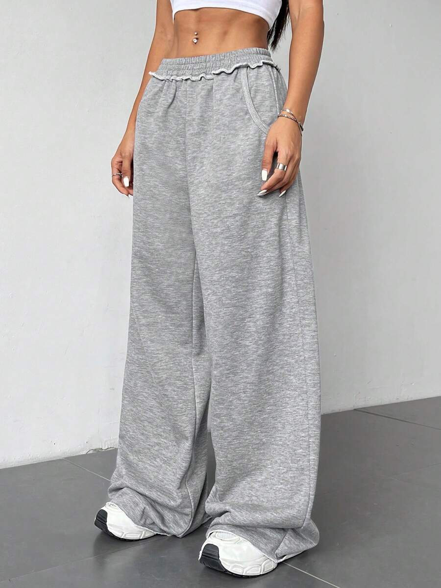 SHEIN Unity Knitted Women's Solid Color Simple Daily Wide-Leg Grey Baggy Sweatpants - Grey - View 1