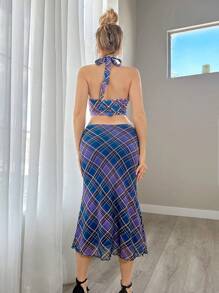 Sweetina Falda con dobladillo de cola de sirena y estampado de cuadros con detalles de encaje de lechuga
