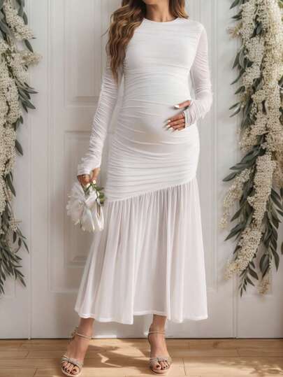 SHEIN Maternity Elegant Round Neck Long Sleeve Long Pregnancy Dress For Festivals, Youthful And Sophisticated Style, For Party