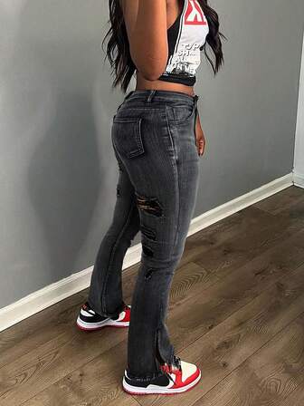 Sexy Distressed High Slit Stretchy Skinny Bootcut Jeans For Women
