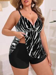 SHEIN Swim Curve Plus Size Nữ in hình đơn giản mặc hàng ngày Tankini không tay - Đen và trắng - Xem 3