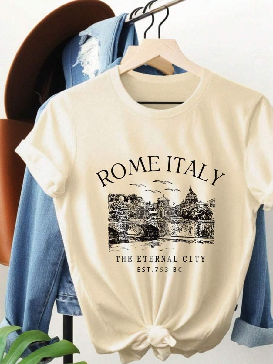 INAWLY Áo thun nữ cổ tròn tay ngắn thường ngày Rome Italy Skyline, ROME ITALY THE ETERNAL CITY EST 753 BC Áo thun họa tiết dành cho nữ - Màu be - Xem 1