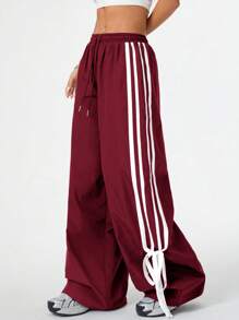 Coolane Women's Velvet Back To School Palazzo Drawstring Side Stripes Fashionable Edge Collision And Bow Ties Pants