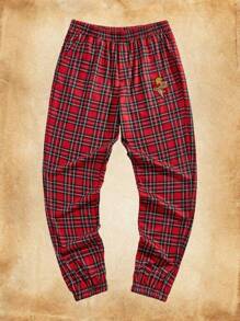 HARRY POTTER X SHEIN Pantalon de jogging à carreaux décontracté pour homme, de couleur grise et avec badge Gryffondor - Rouge - Voir 1